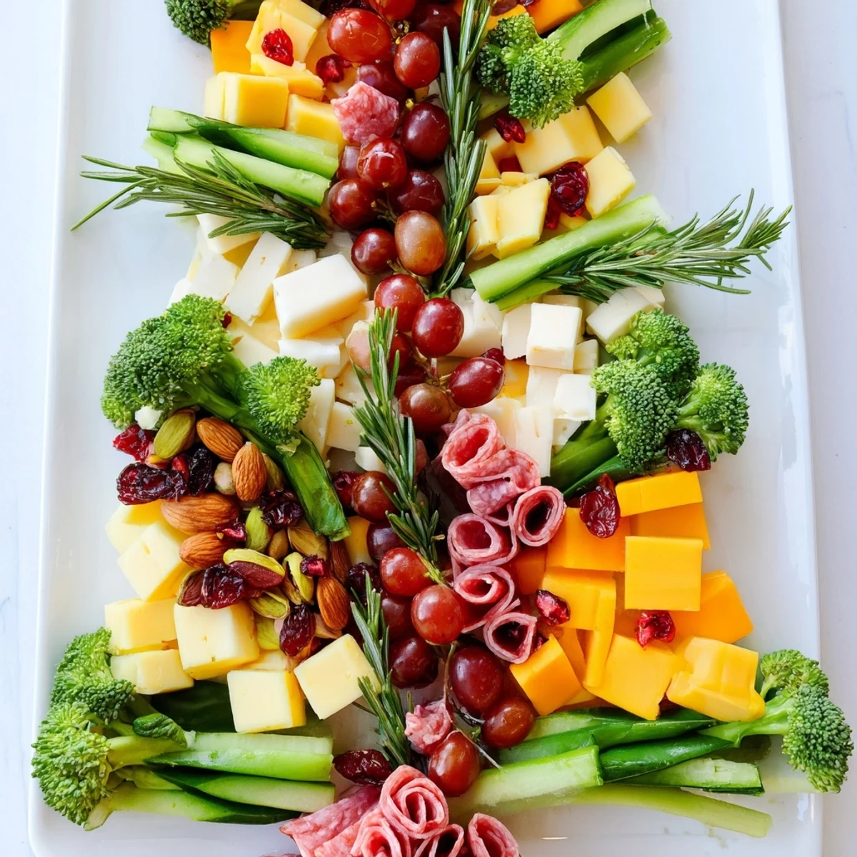 Evergreen Tree Snack Board: A vibrant holiday appetizer featuring cheeses, charcuterie, and fresh fruit arranged beautifully.