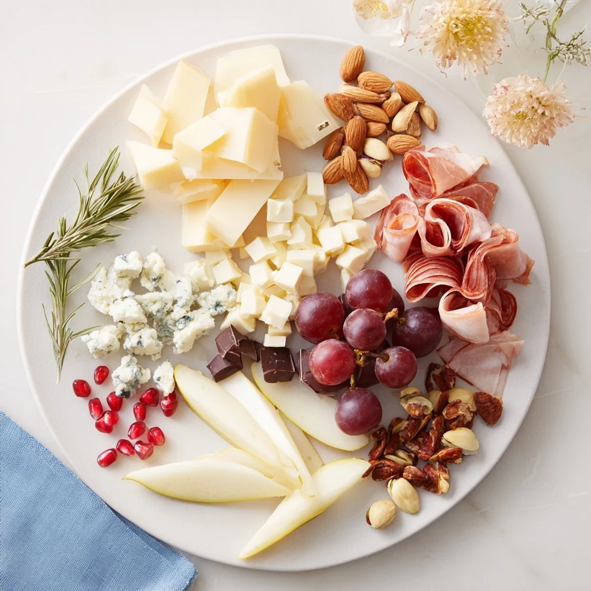 A close-up of the Winter Wonderland Grazing Tray, festively arranged meats, cheeses, and colorful snacks.