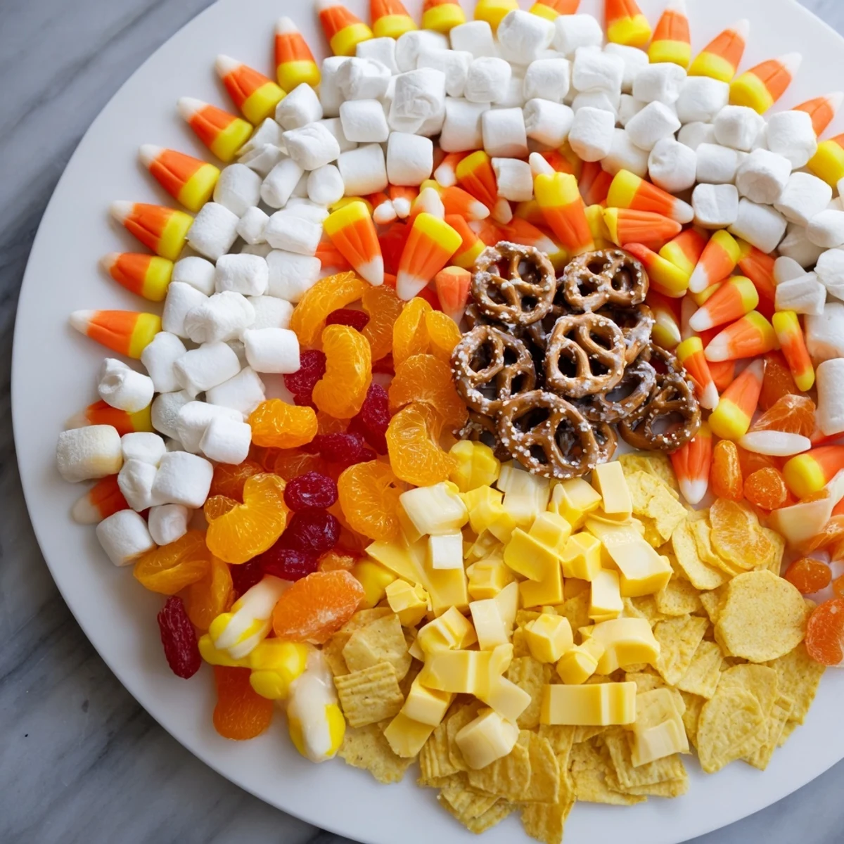 Festive Candy Corn Spooky Board arranged with colorful Halloween treats, ideal for a party appetizer.