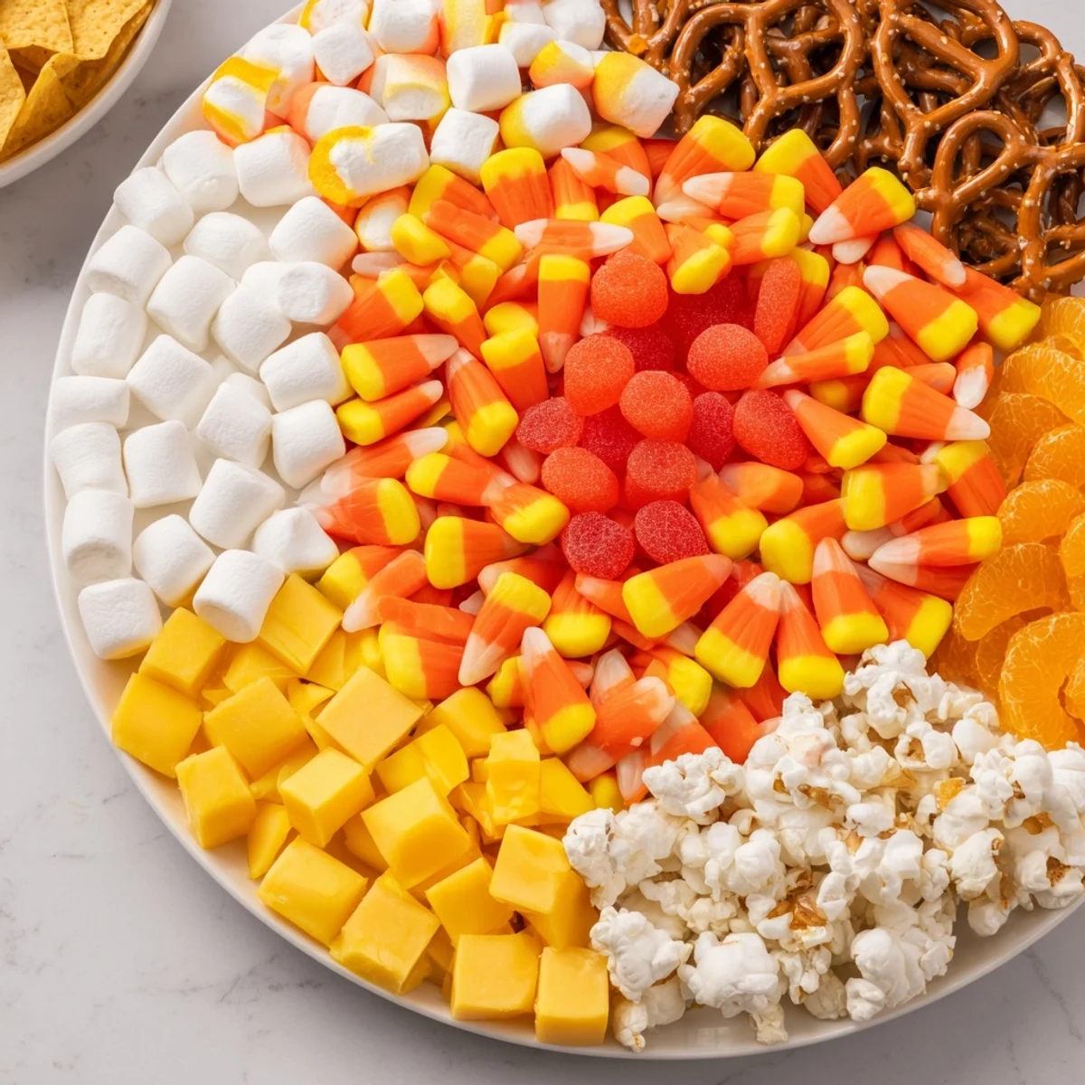 A delicious Candy Corn Spooky Board showcases an array of sweet and savory snacks in candy corn colors.