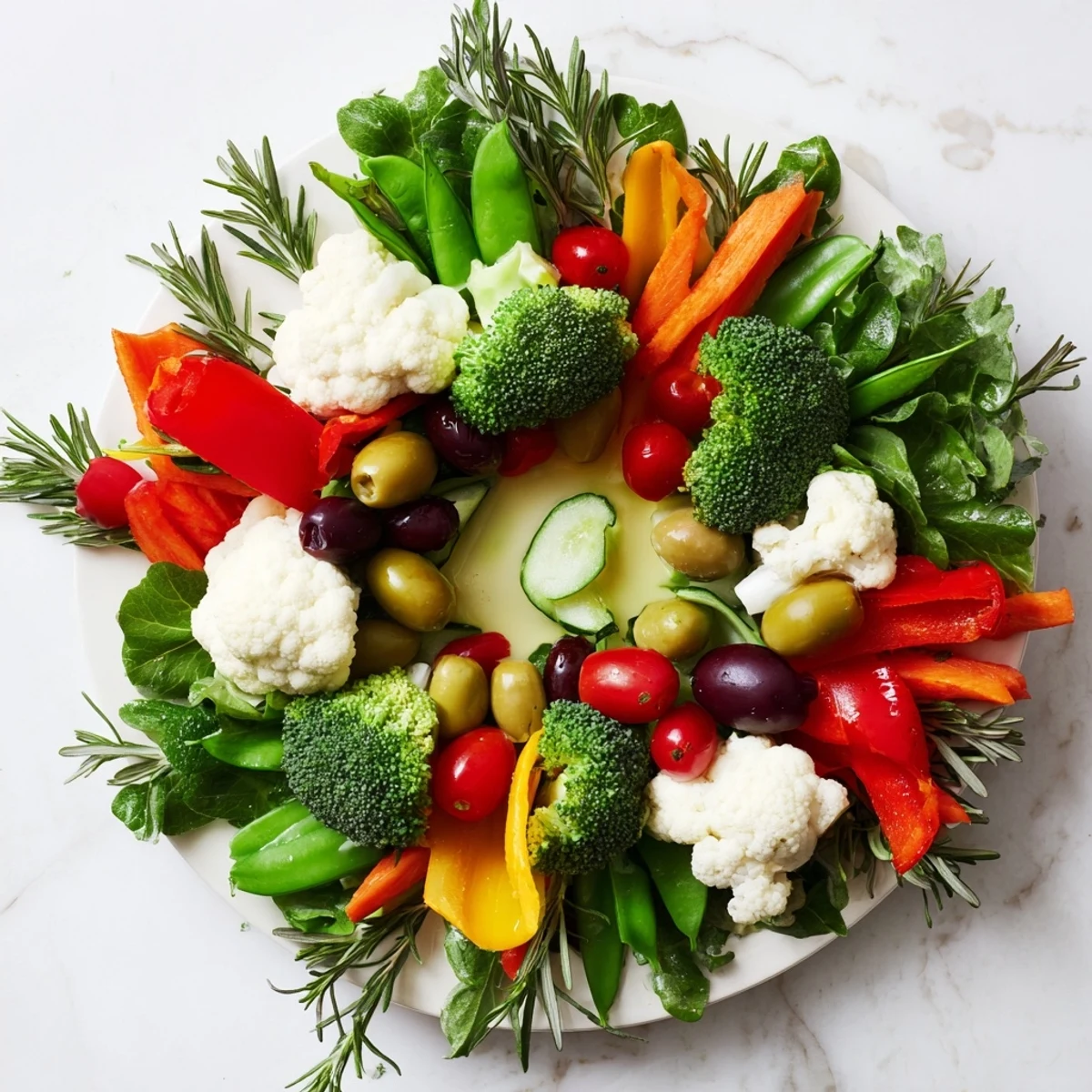 Vibrant holiday Garland Veggie Wreath with colorful vegetables and fresh rosemary for a festive appetizer.