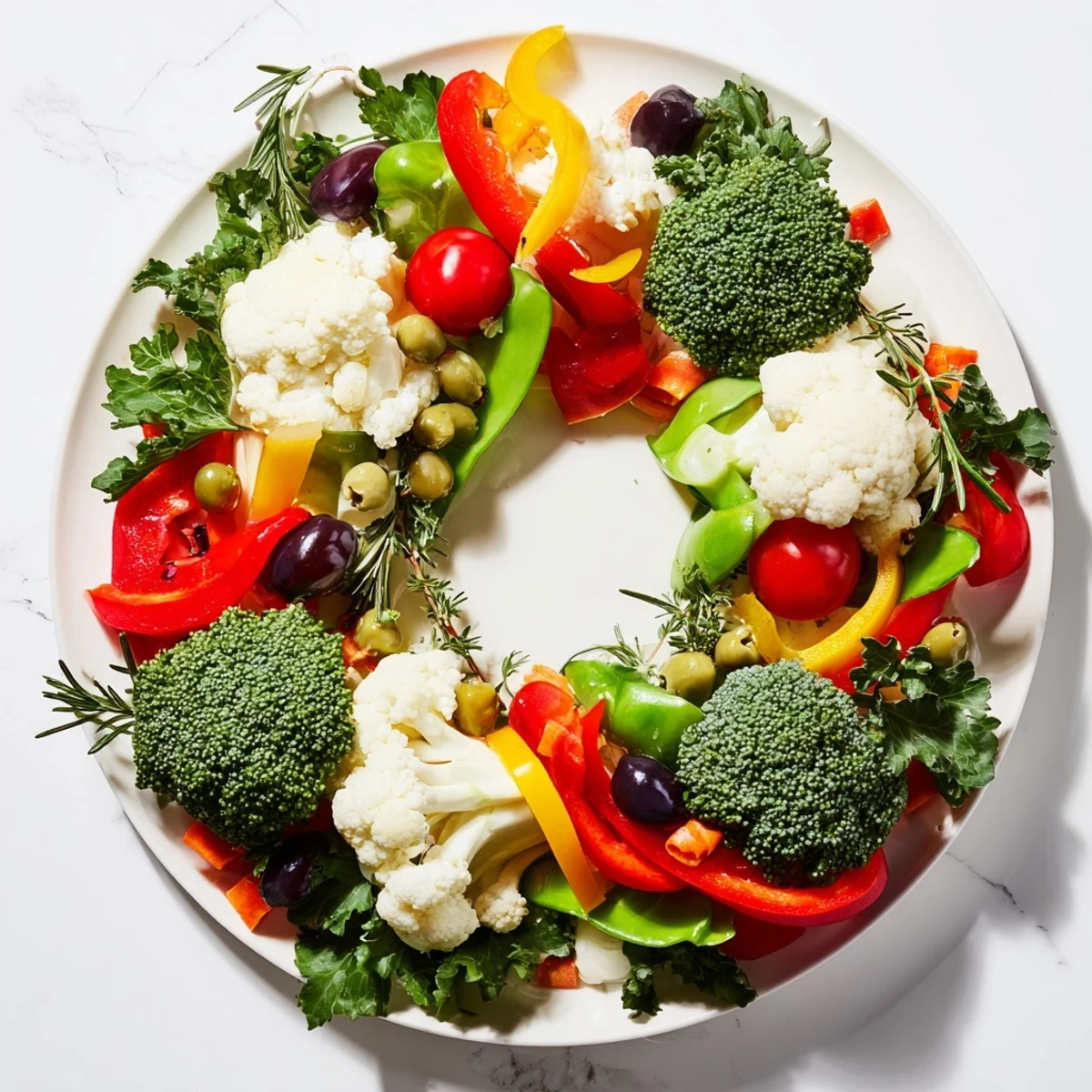 Freshly made Garland Veggie Wreath, featuring broccoli, tomatoes, and bell peppers in a stunning display with dip.