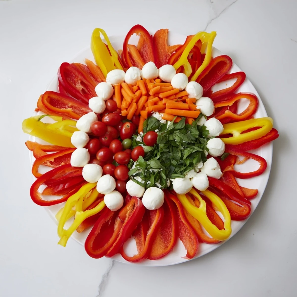 Festive Poinsettia Platter: A colorful holiday appetizer with vibrant red bell pepper petals, cheeses, and dips.
