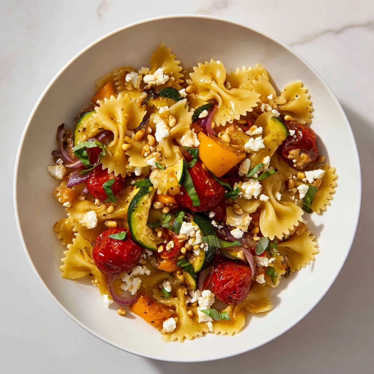 Enjoy a delicious serving of Festive Bow Tie Pasta, with tender vegetables and a bright lemon-garlic dressing.