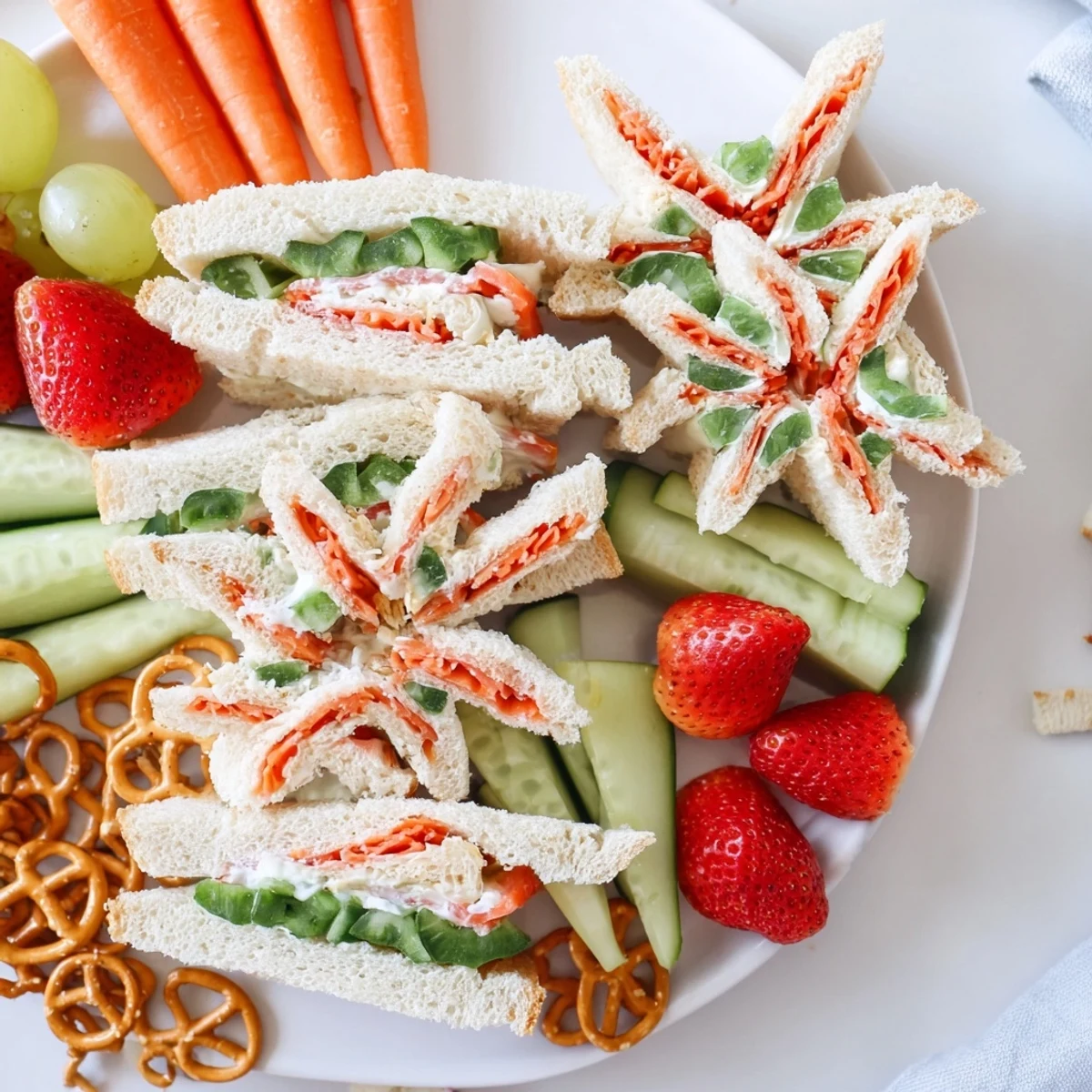 Beach Day Starfish Snack Spread: A colorful platter of starfish sandwiches, grapes, and carrots; ideal for kids' parties.