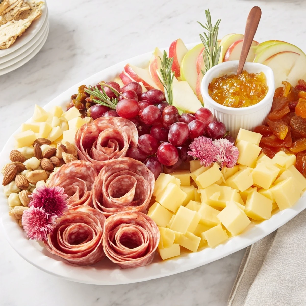Imagine a beautifully presented Holiday Bow Appetizer Platter, ready to serve with crackers, nuts, and jam.