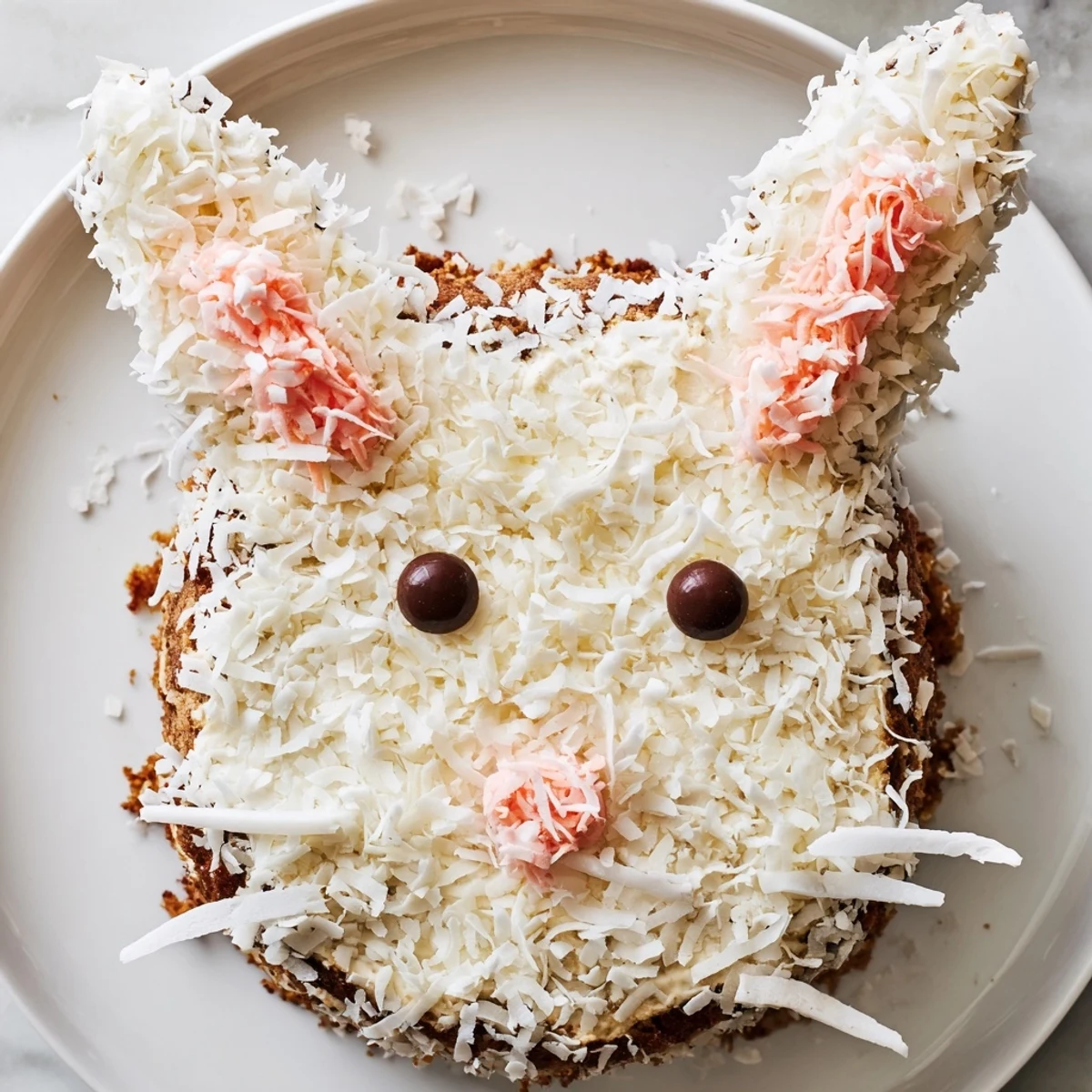 This charming Spring Bunny Carrot Cake features a cake shaped like a bunny ready to eat.