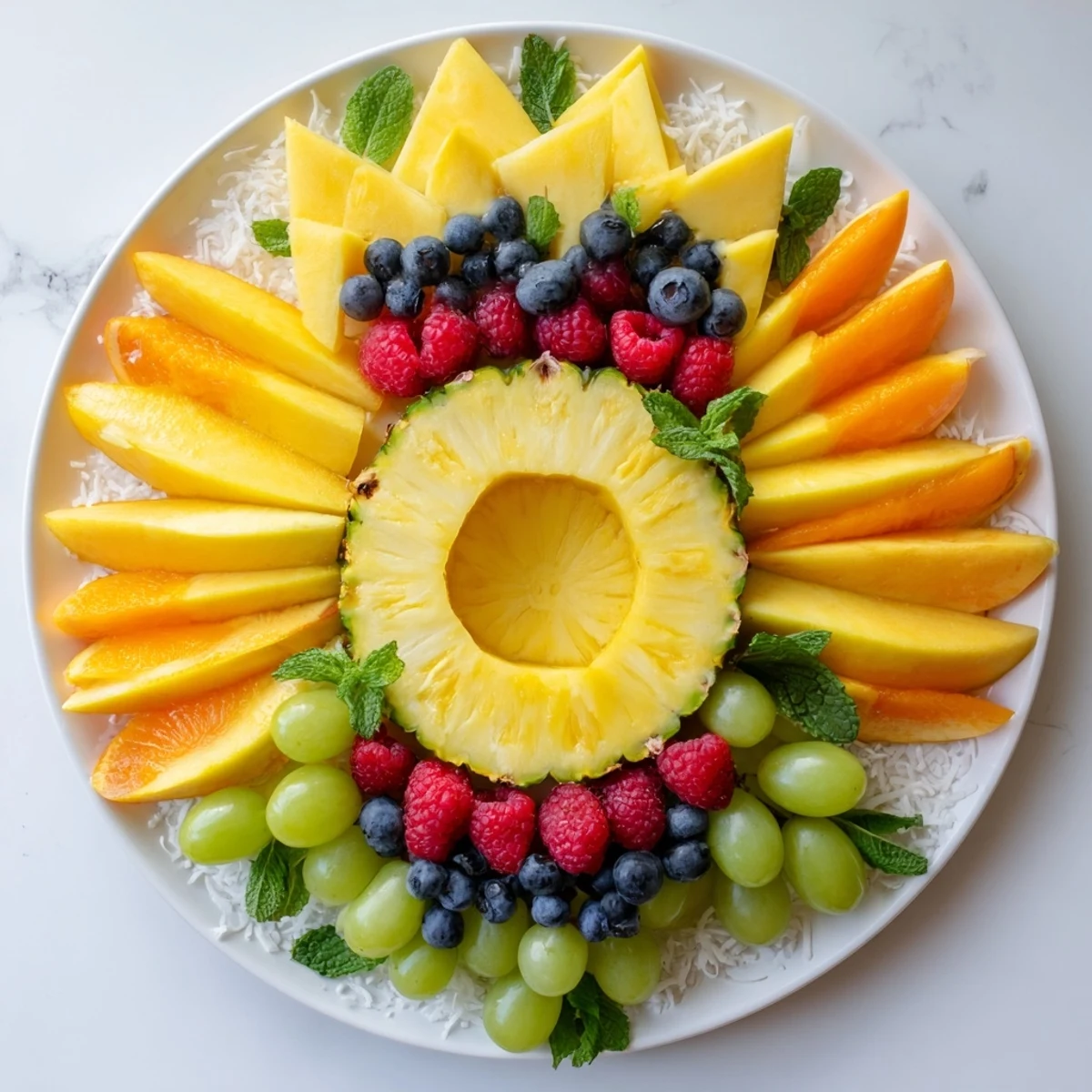 Vibrant Summer Rays Sun-Shaped Fruit Tray, bursting with colorful tropical mango and watermelon wedges.