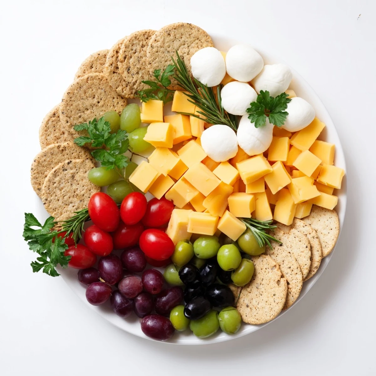 Festive Jingle Bell Cheese & Cracker Wreath with colorful cheeses, grapes, and rosemary garnish.