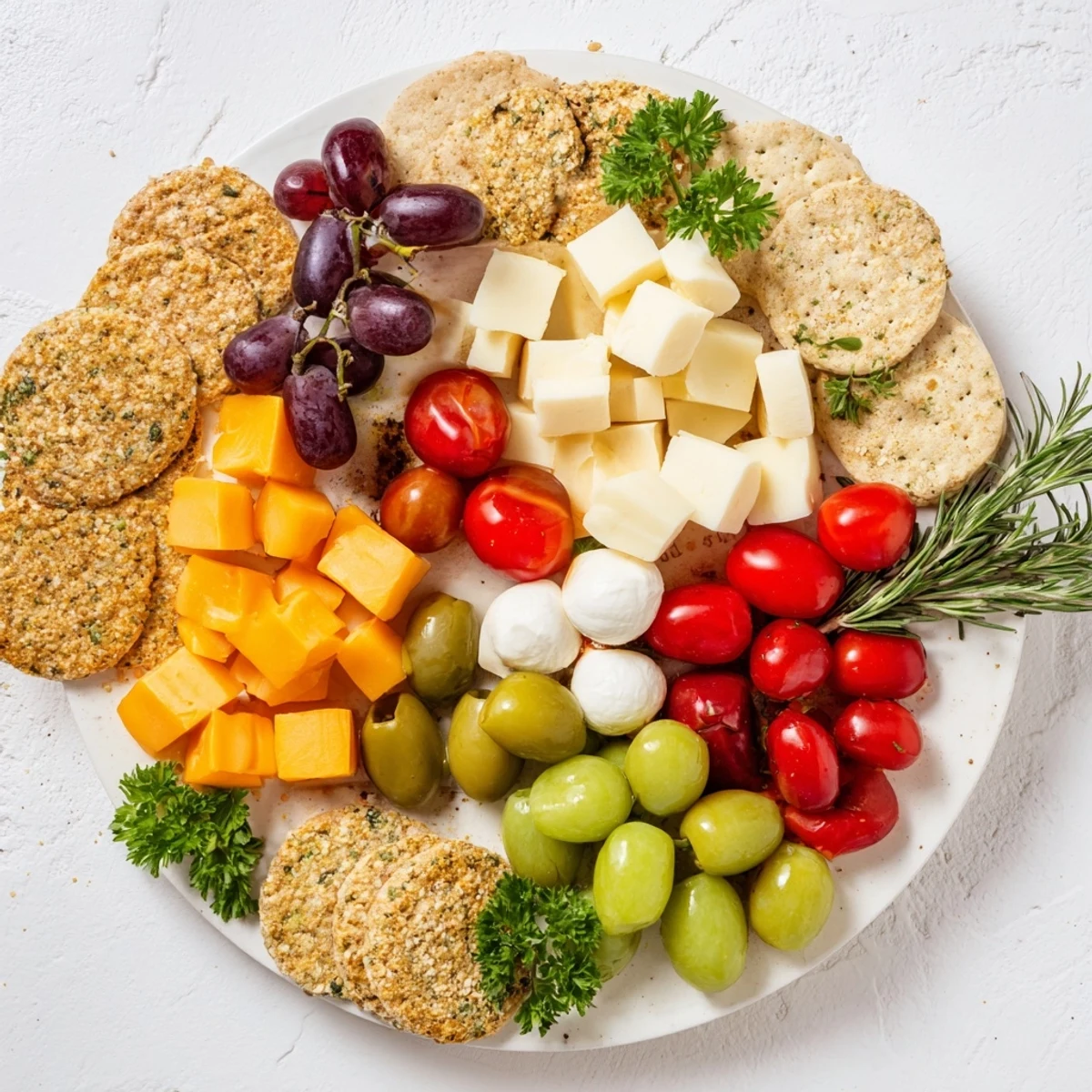 Savory Jingle Bell Cheese & Cracker Wreath with crackers, cheeses, and herbs ready to serve guests.