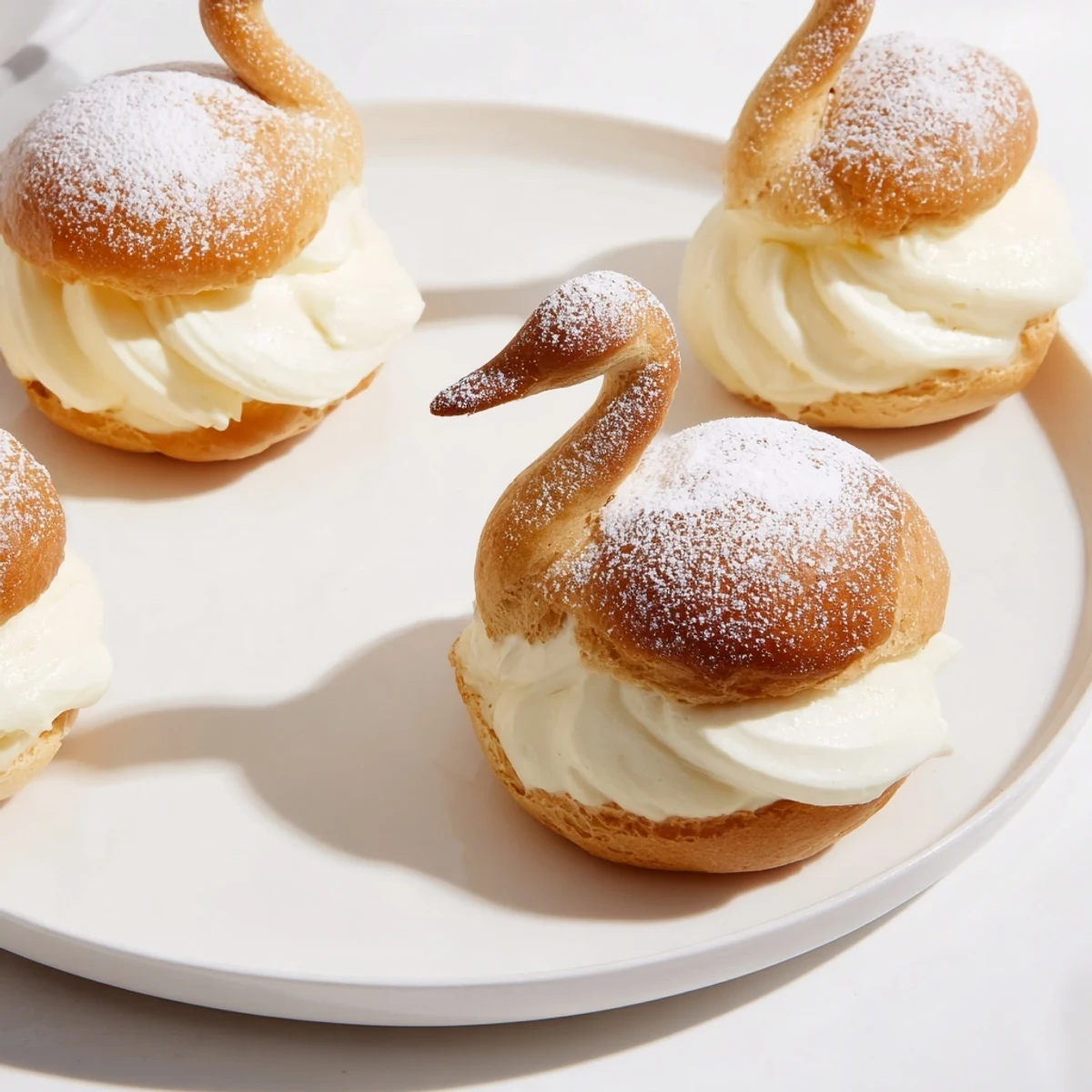 Delicate Elegant Swan Mini Pastries, golden brown and lightly dusted, are ready for dessert.