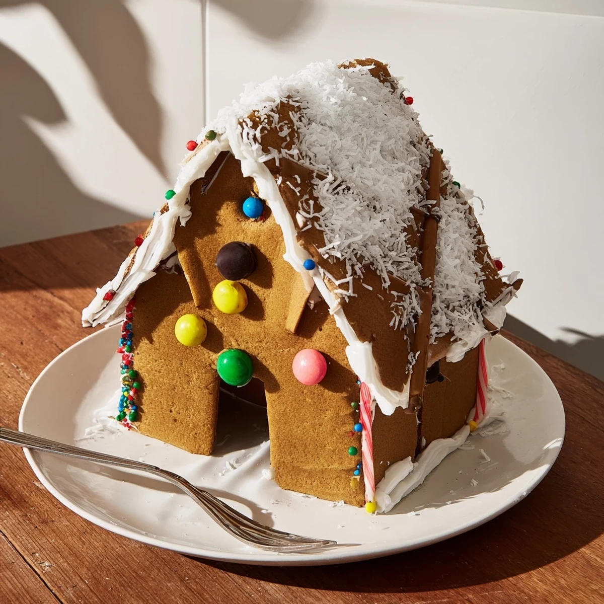 This festive gingerbread house recipe is complete, showcasing vibrant candy accents and royal icing.