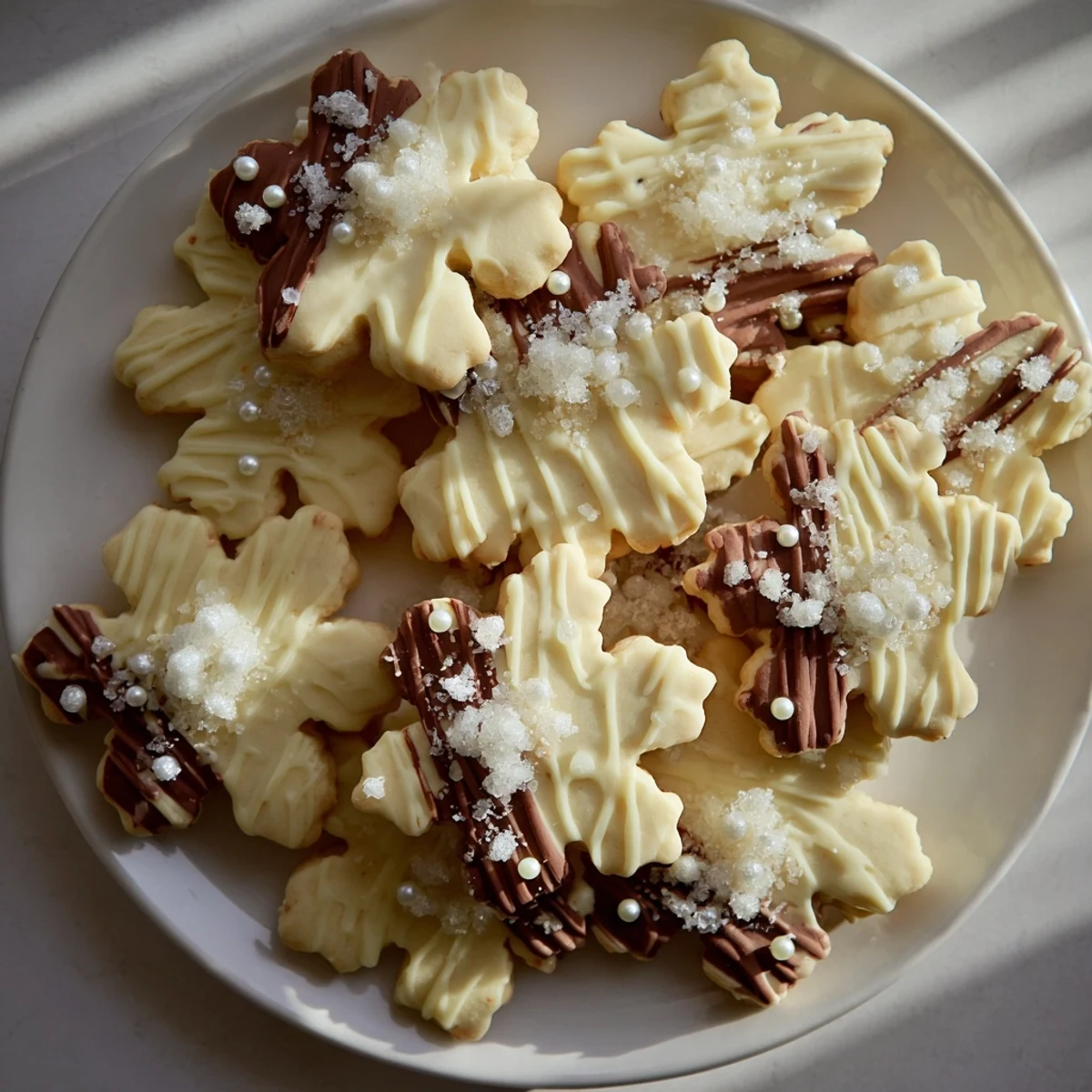 A close-up of beautifully decorated Winter Snowflake Platter cookies, dusted with powdered sugar.