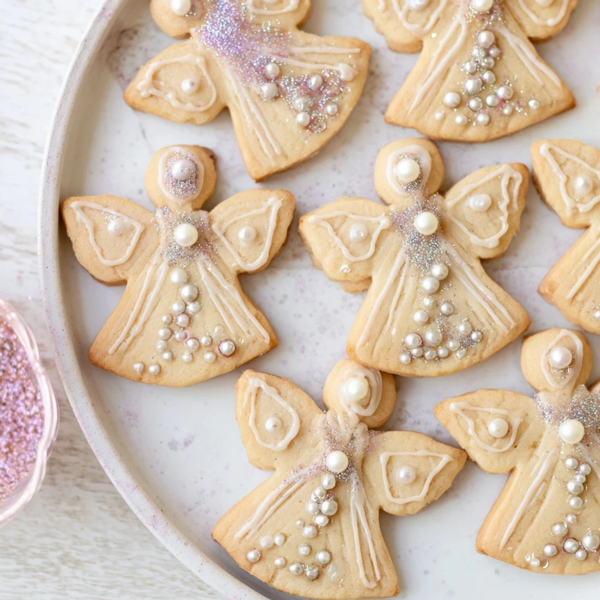 Buttery Biscuits Anges de Noël, angels shaped cookies, await, ready to be decorated with festive icing for the holidays.