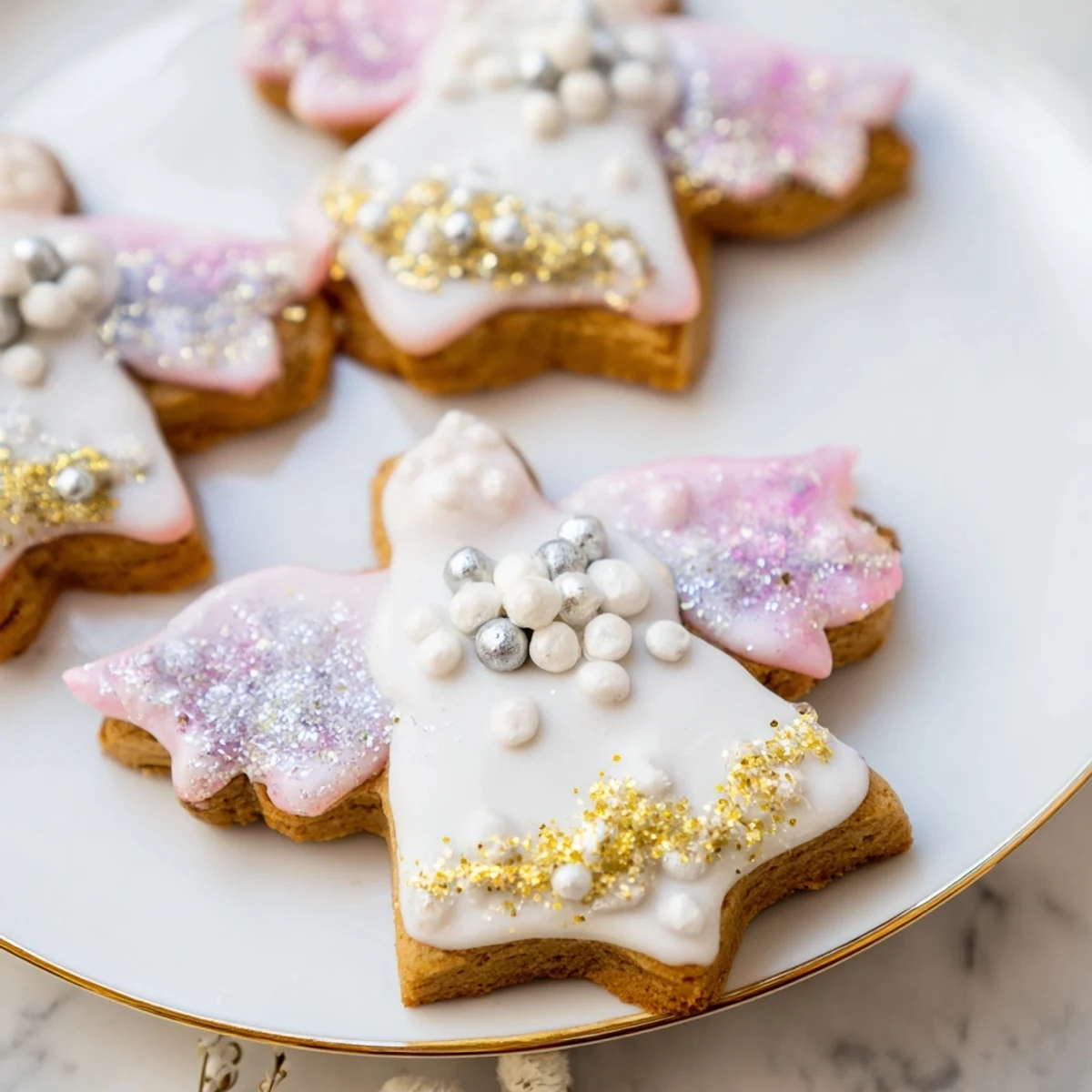 Golden-edged Biscuits Anges de Noël, Christmas angel cookies, cooling on a rack, adorned with sparkly sprinkles.