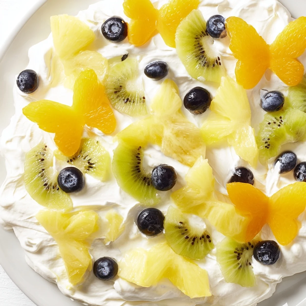 Butterflies made of pineapple decorate this fresh Butterfly Fruit and Cream Cheese Board for a party.