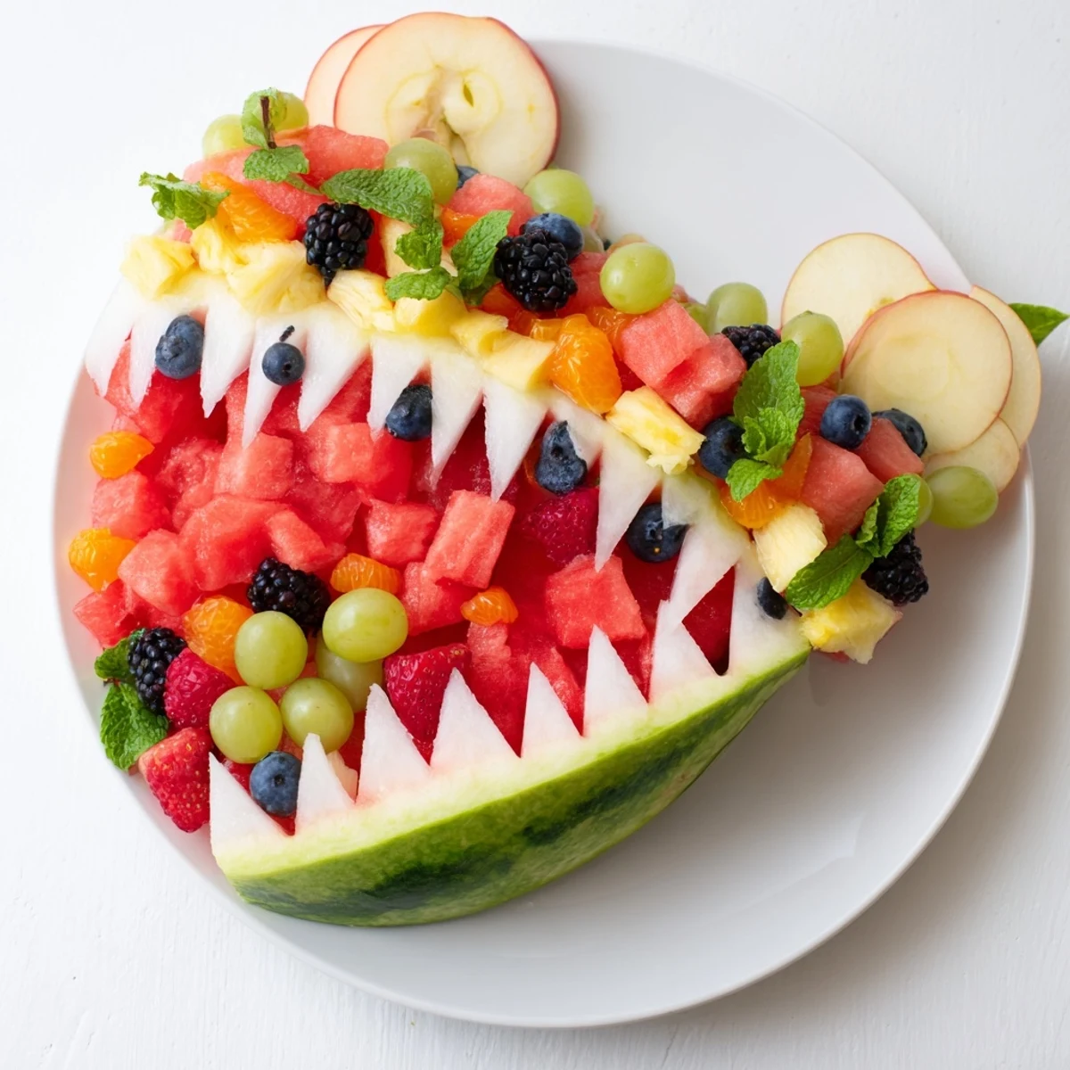 Watermelon Shark Bite Board overflowing with fresh fruits, perfect for a fun, summer snack.