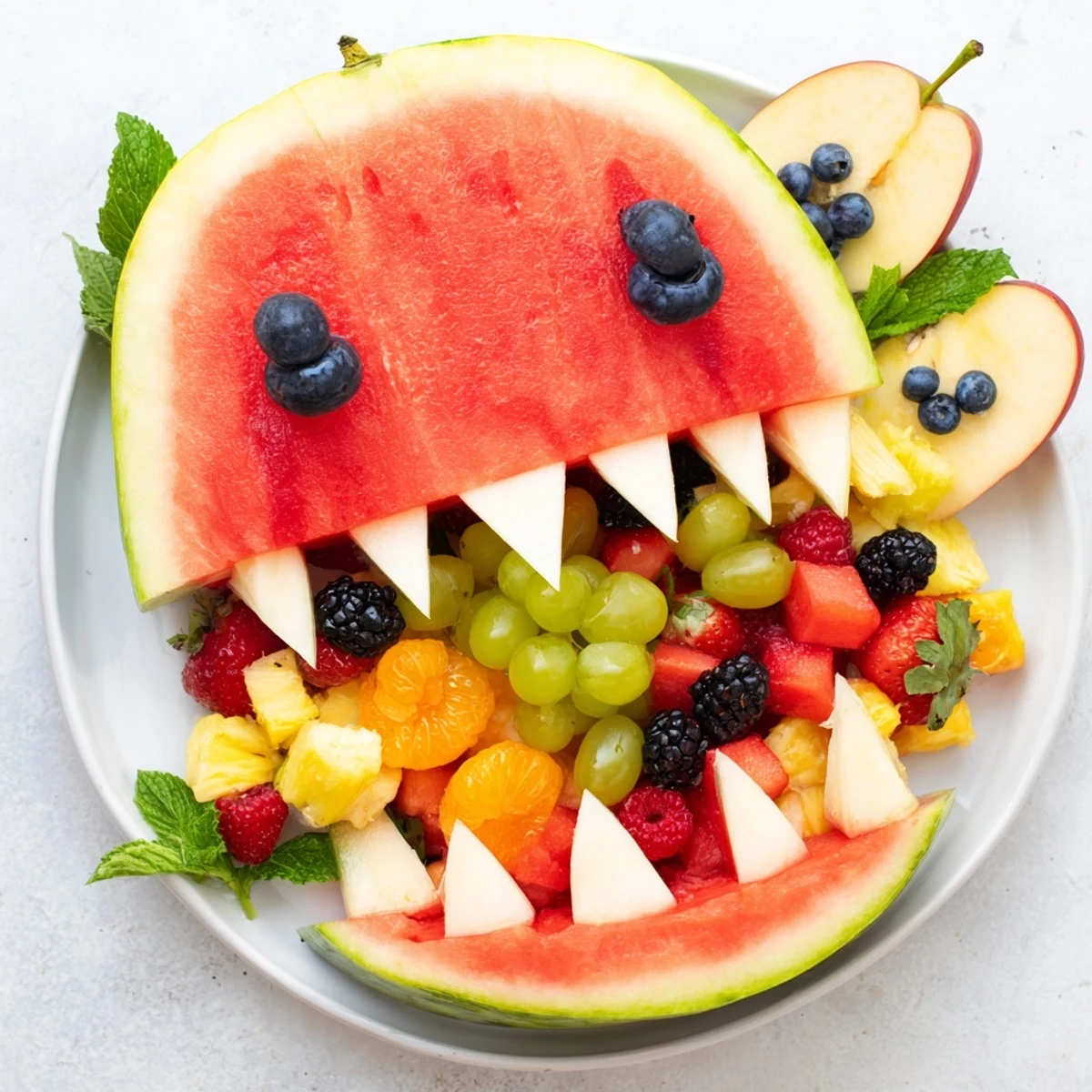 A vibrant Watermelon Shark Bite Board features a carved watermelon shark and colorful fruit.