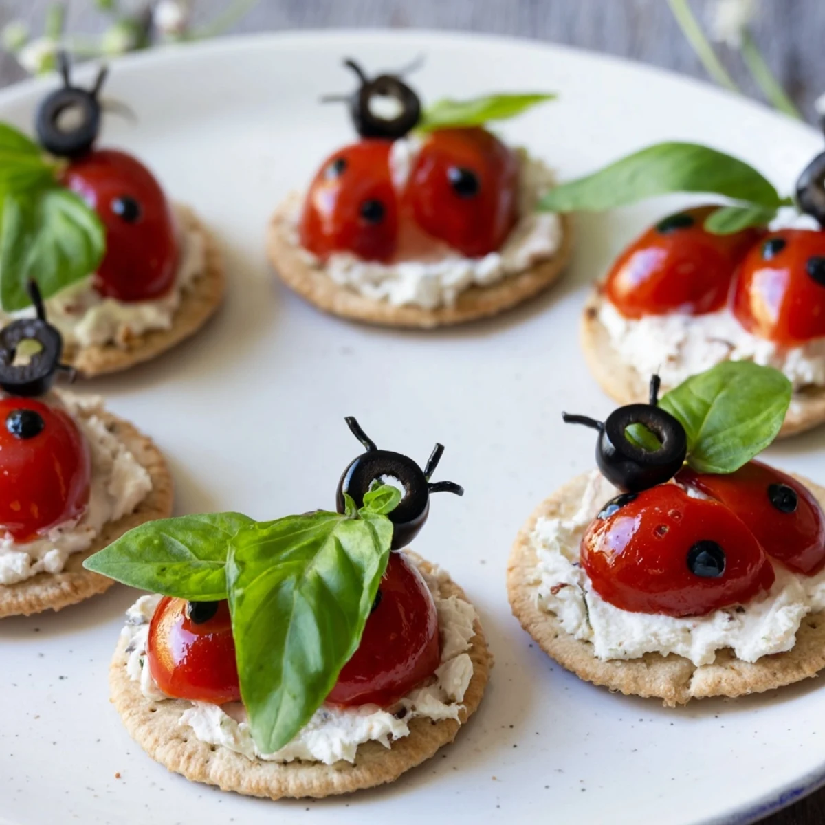 Ladybug Tomato & Olive Bites arranged on a platter, ready to be enjoyed as a fun appetizer.