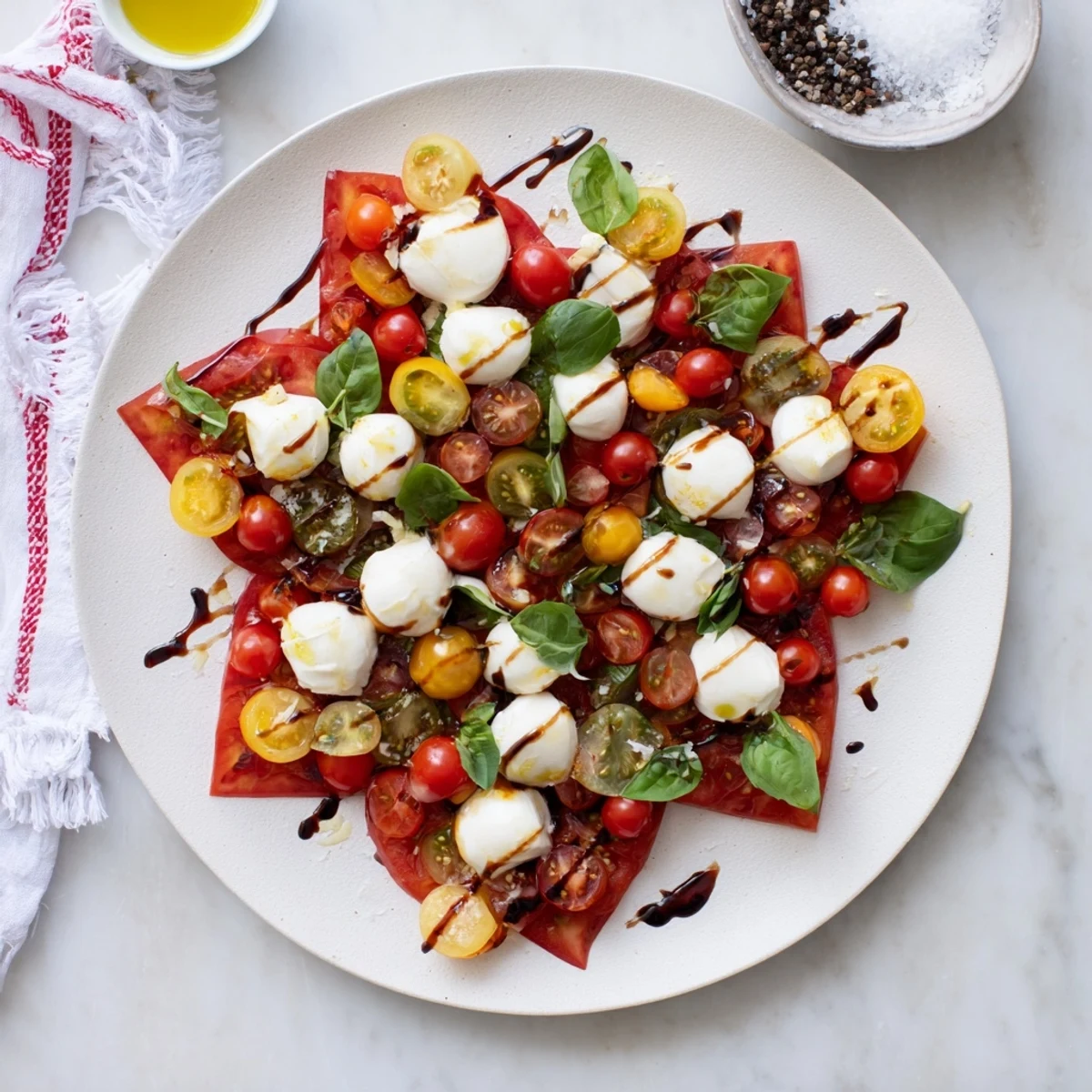Fresh basil and colorful cherry tomatoes enhance the beautiful presentation of this Starfish Caprese salad.