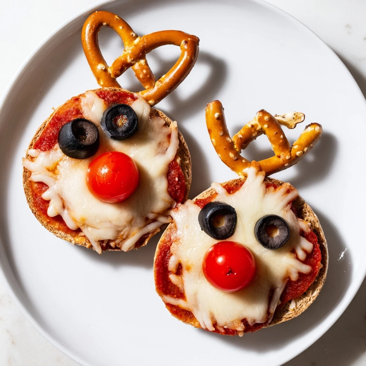 Warm, cheesy Reindeer Face Pizza Bagels with pretzel antlers, perfect for a fun holiday meal.