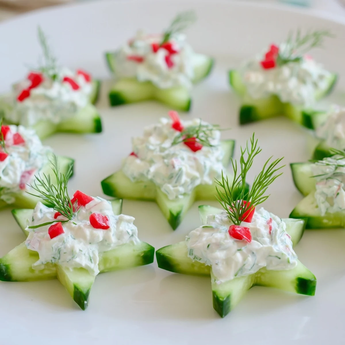 Close-up of creamy Cucumber and Dill Christmas Stars, garnished with fresh herbs, ready to be enjoyed.