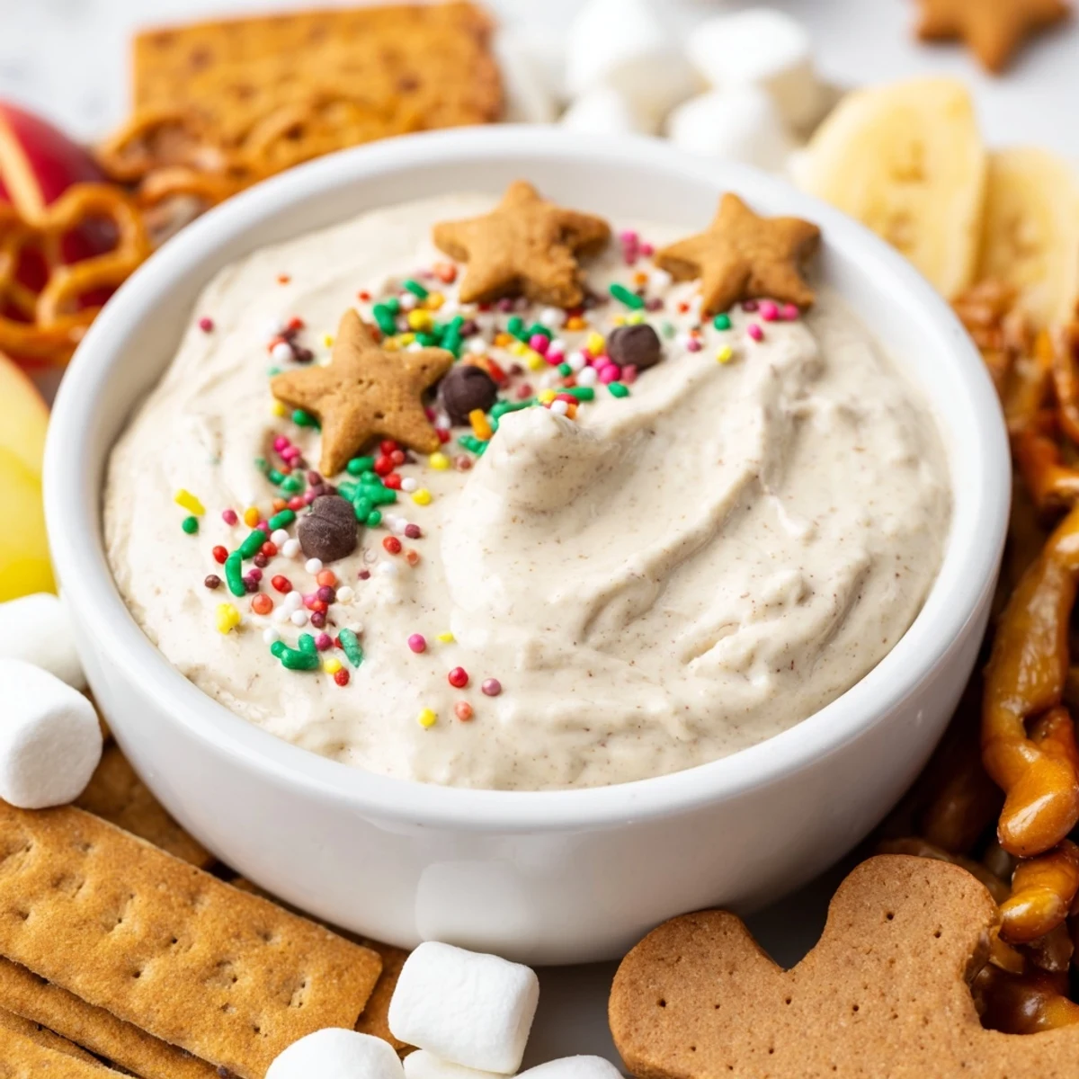 A creamy Gingerbread House Dip, swirled with molasses, ready to be scooped with cookies.