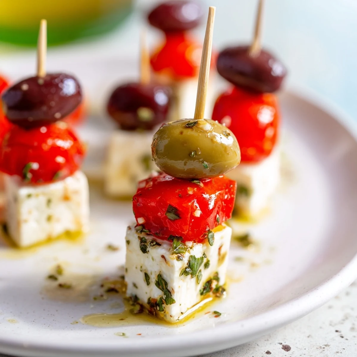 Mediterranean Holiday Cheers Olive and Feta Skewers drizzled with olive oil, herbs, and lemon zest; a tasty appetizer.