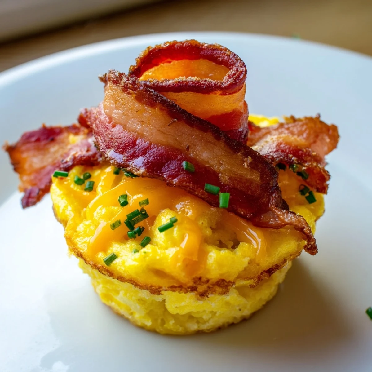 Golden-brown Scrambled Egg Cups with crispy bacon offer a delicious, savory breakfast side.
