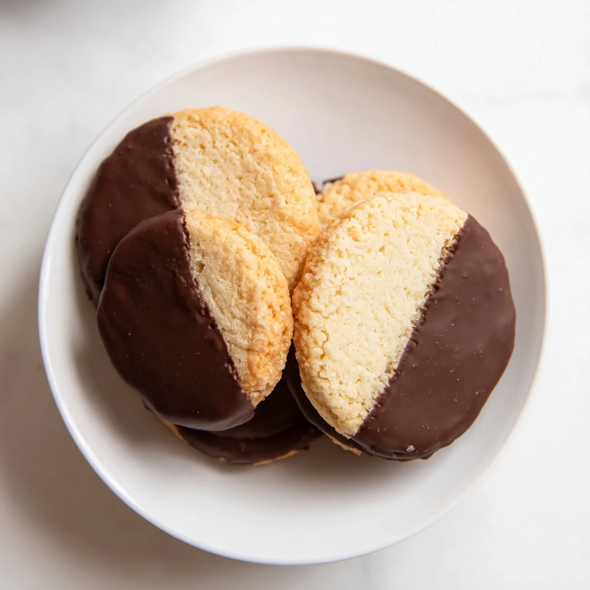 Enjoy dipping these easy Simple Cookies: Vanilla Wafers, showing a delightful treat dipped in smooth, dark chocolate.