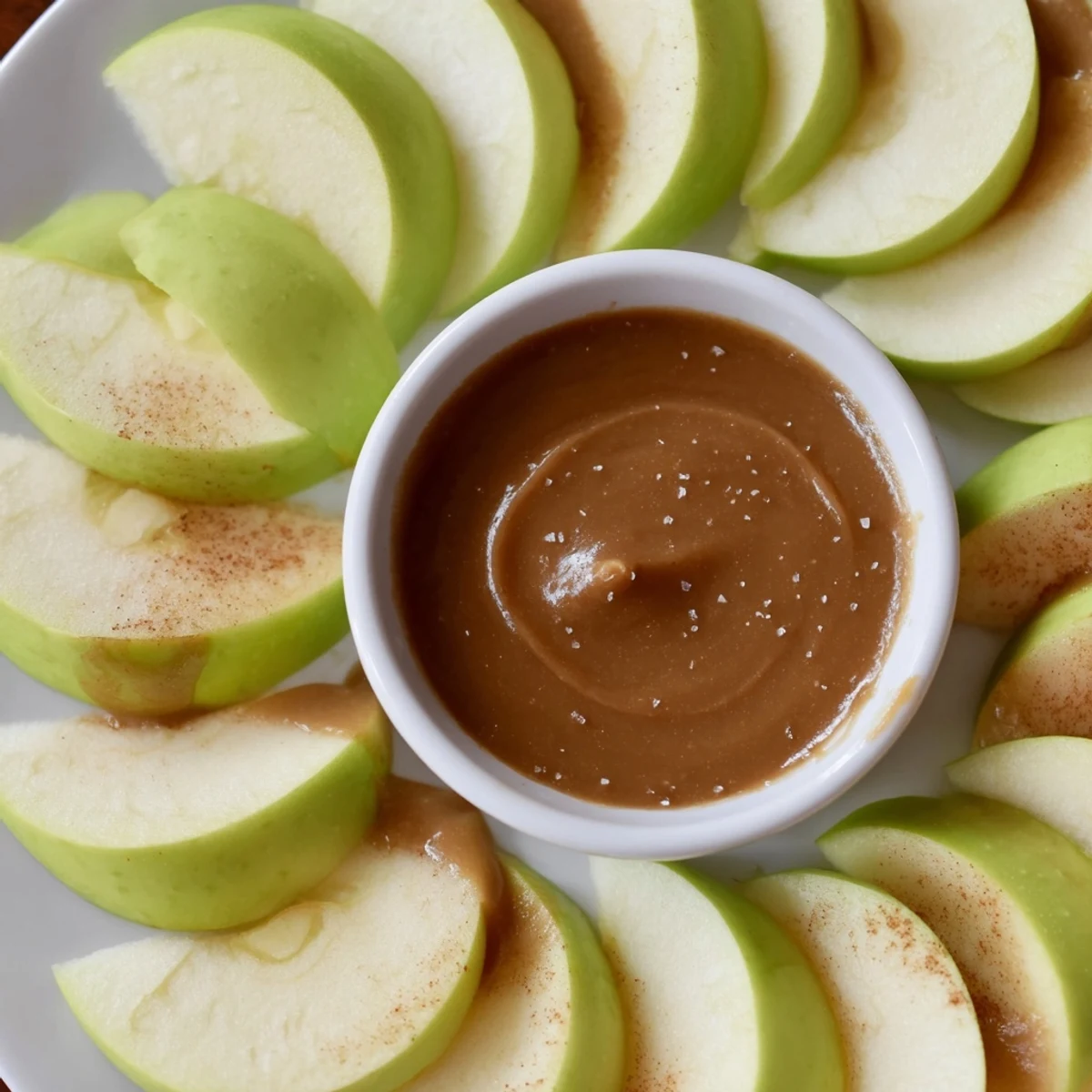 Golden brown caramel glistens invitingly at the center of this appealing Apple Slices with Caramel Dip platter.