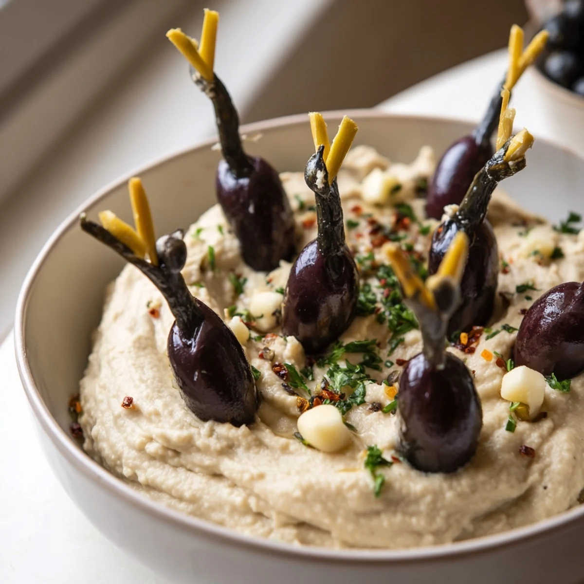 Smooth white bean Winter Dip topped with cute and clever olive penguin decorations for your guests.