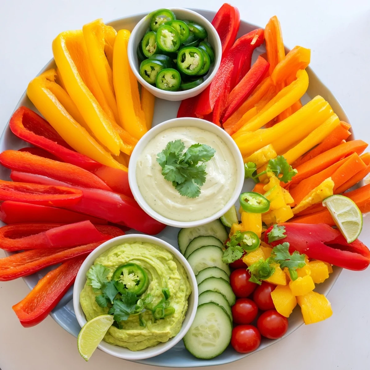 Platter of Spicy Chili Pepper Fiesta: colorful peppers arranged alongside dips and fresh accompaniments.