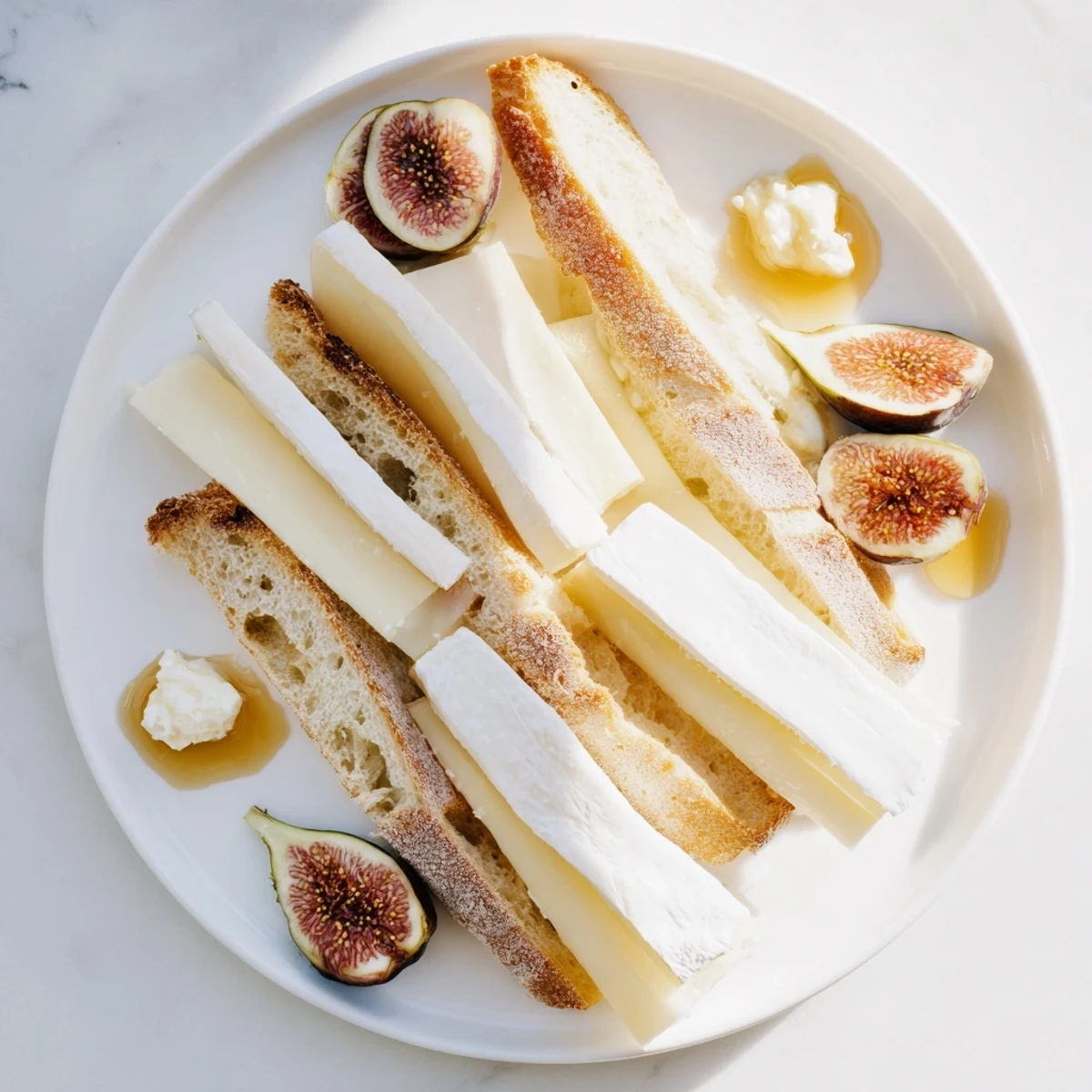 Artisan baguettes and Brie, Comté, and Chèvre cheeses arranged for French Bistro Elegance.