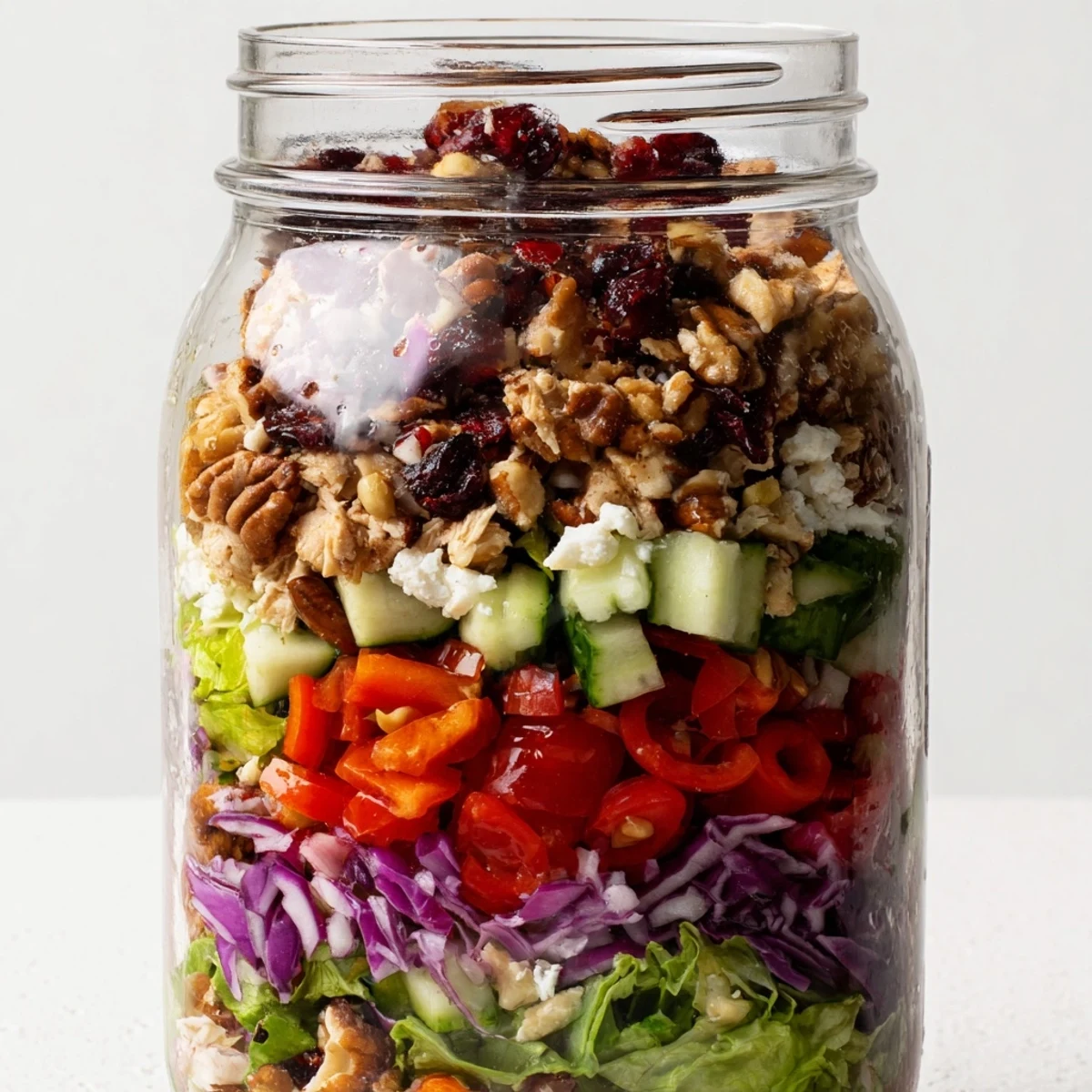 Vibrantly layered holiday chopped chicken salad jar, showcasing fresh ingredients and a creamy dressing's texture.