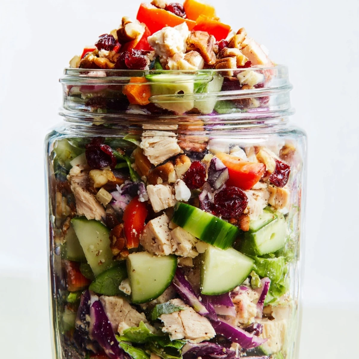 A delicious layered holiday chopped chicken salad jar: a quick and healthy meal prep option ready to enjoy.