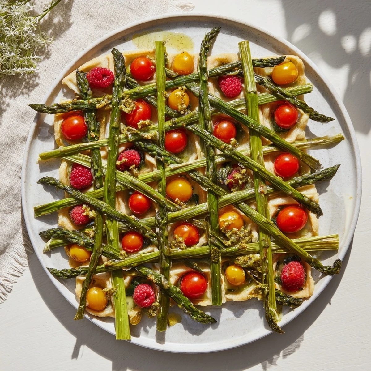 A beautiful Botanical Lattice appetizer with vibrant fruits nestled amidst woven asparagus.
