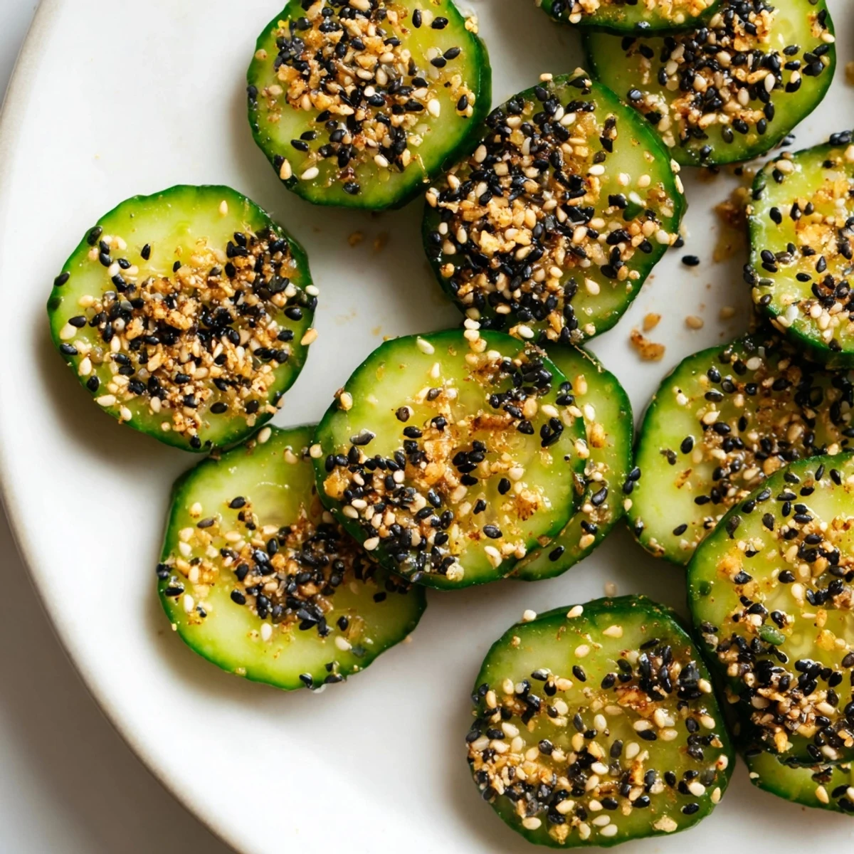 Refreshing Cucumber Shaker with Everything Bagel Seasoning: crisp cucumber slices lightly seasoned, ready to enjoy.