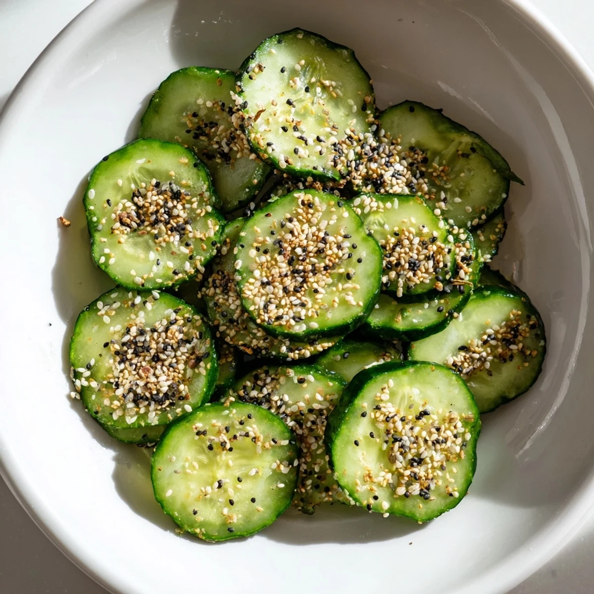 Bright image of a Cucumber Shaker with Everything Bagel Seasoning, perfectly coated and ready to eat as snack.