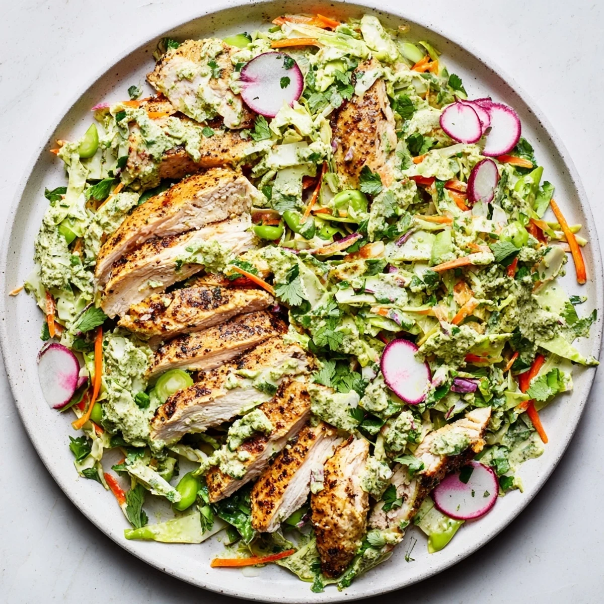Delectable Green Goddess Cabbage Slaw with beautifully grilled chicken, ready to enjoy for dinner.