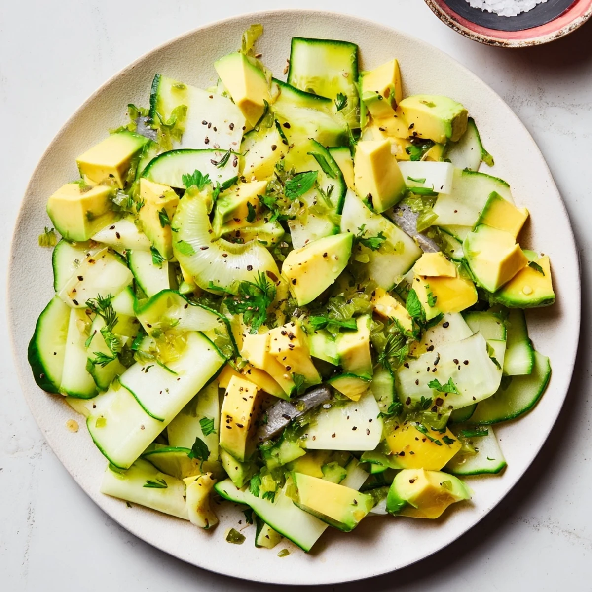 A beautifully layered Cucumber and Tinned Fish Salad, with glistening sardines atop fresh vegetables and lemon wedges.