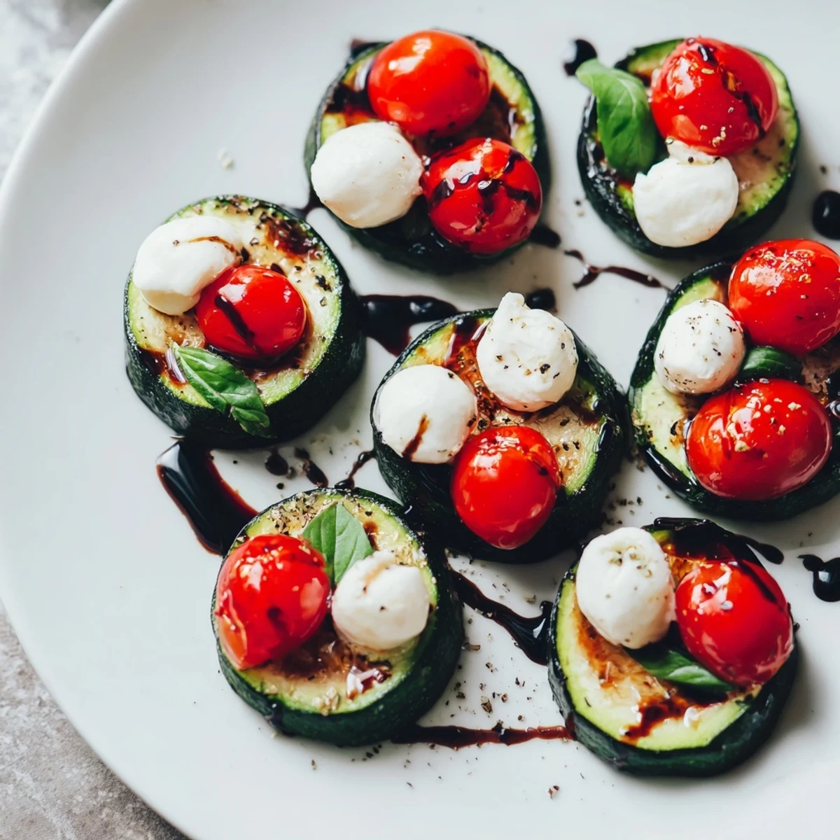 These Zucchini Caprese Bites feature tender baked zucchini topped with fresh ingredients, ready to eat.