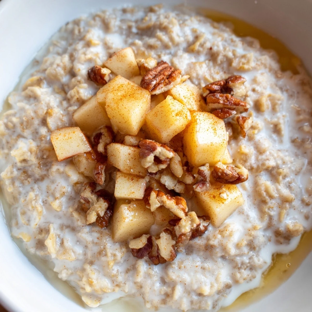 A close-up of a warm apple pie oatmeal breakfast bowl, ready to eat with toasted pecans.