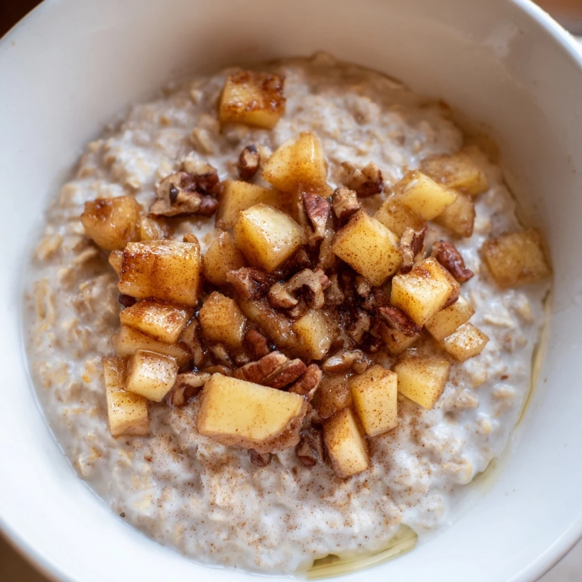 This comforting apple pie oatmeal features cinnamon-infused creamy oats and sweet, sautéed apples.