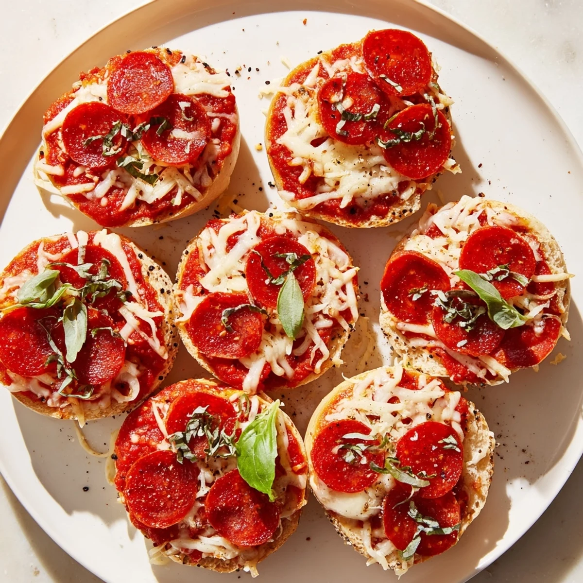 Enjoying a plate of baked Mini Pepperoni Pizza Bagels; a delicious, cheesy, and easy American appetizer.
