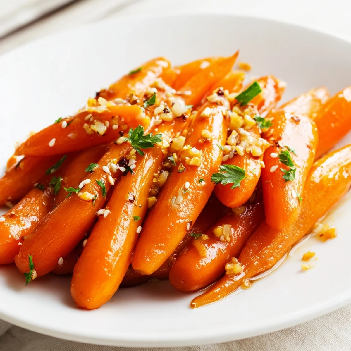 Golden-brown Honey Soy Roasted Carrots, tender and caramelized, ready to be served, a perfect side.