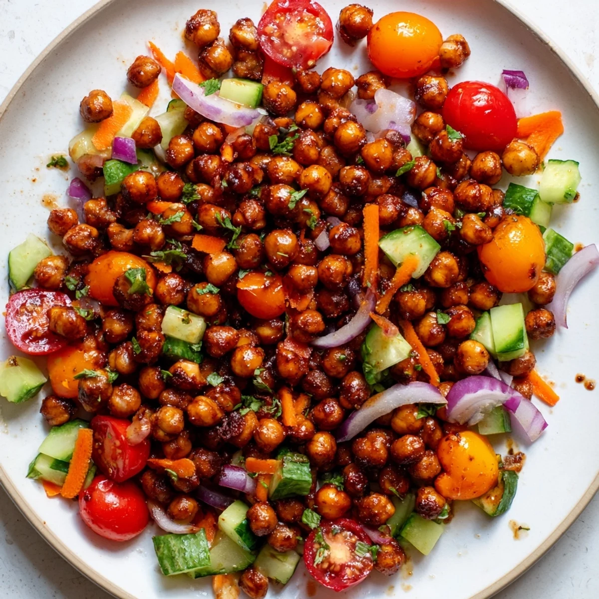 Smoky BBQ Chickpea Salad, bursting with colorful veggies and coated in a tangy dressing.