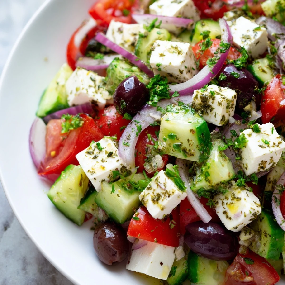 A close-up of a refreshing Mediterranean Salad, ready to enjoy as a vegetarian lunch.