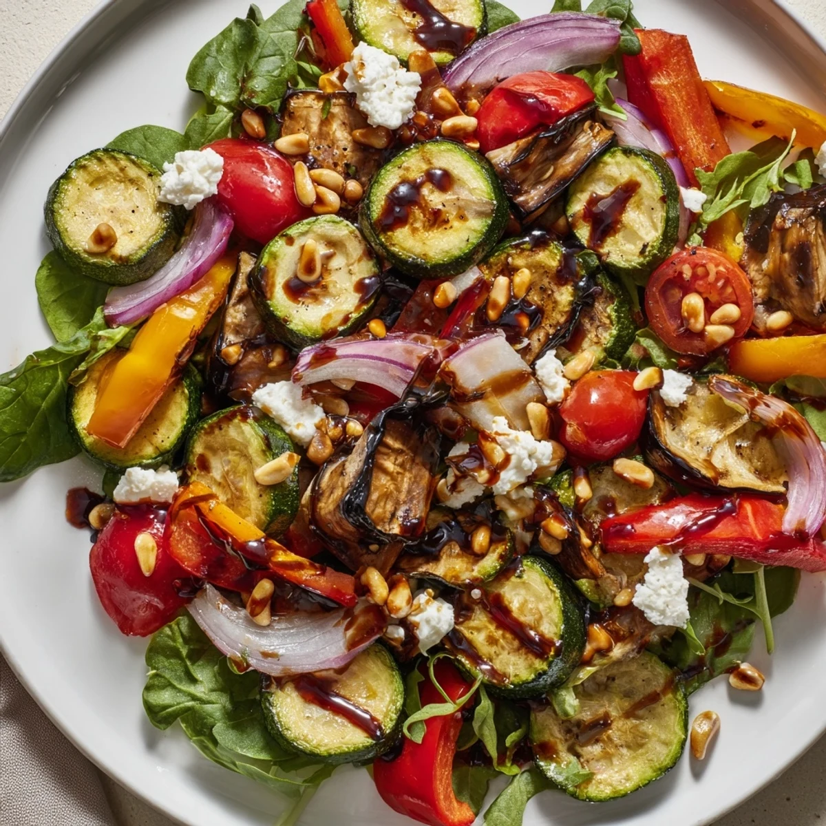 Fresh, flavorful view of Roasted Vegetable Salad; a medley of roasted vegetables with delicious balsamic dressing.