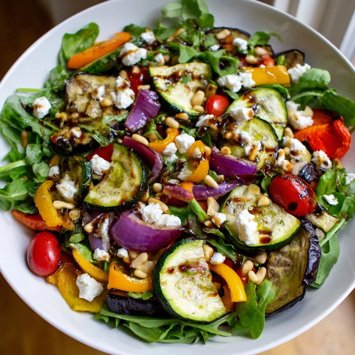 Warm Roasted Vegetable Salad with colorful roasted bell peppers, served beautifully over a bed of greens.